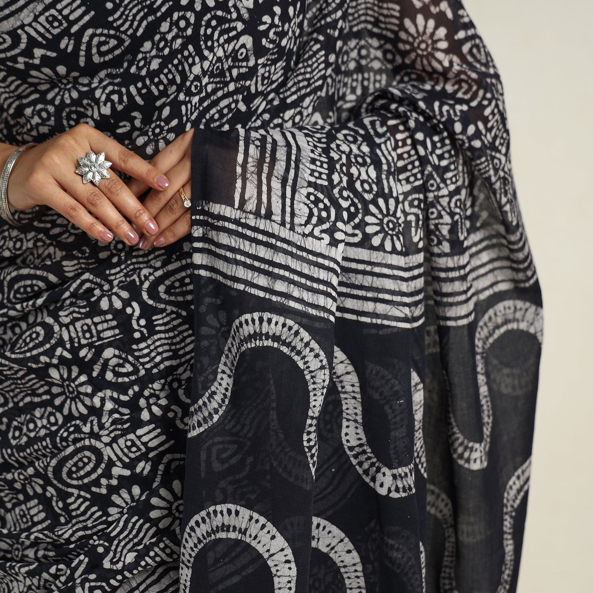 Black - Mul Cotton Hand Batik Print Saree