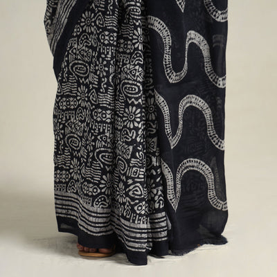Black - Mul Cotton Hand Batik Print Saree