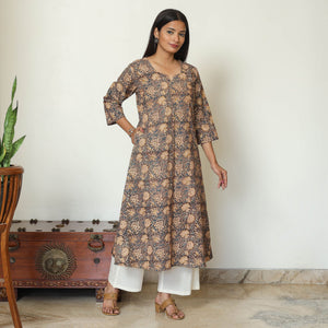 Black - Pedana Kalamkari Hand Block Printed Cotton A-Line Kurta 08