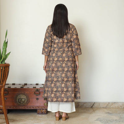 Black - Pedana Kalamkari Hand Block Printed Cotton A-Line Kurta 08