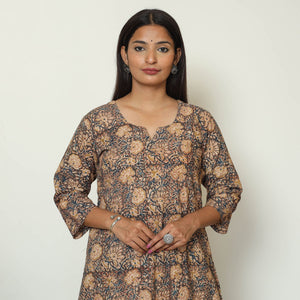 Black - Pedana Kalamkari Hand Block Printed Cotton A-Line Kurta 08