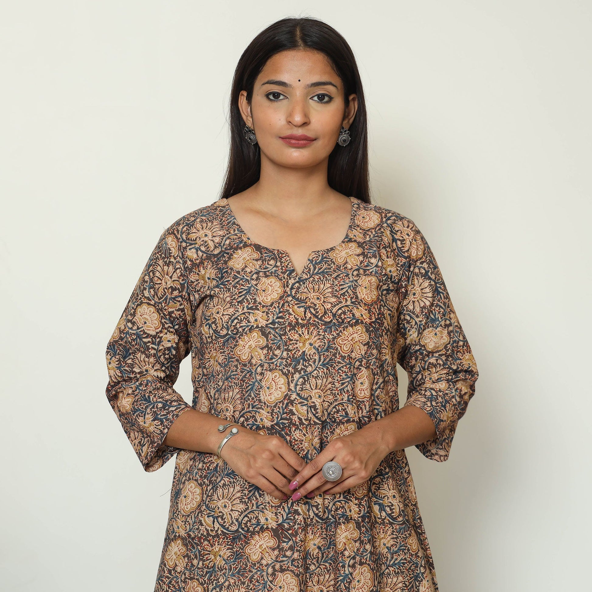 Black - Pedana Kalamkari Hand Block Printed Cotton A-Line Kurta 08