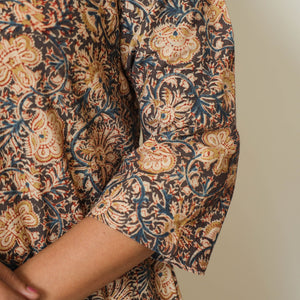 Black - Pedana Kalamkari Hand Block Printed Cotton A-Line Kurta 08