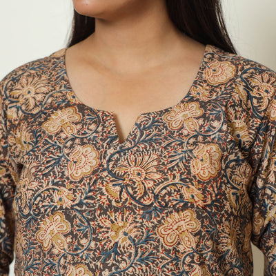 Black - Pedana Kalamkari Hand Block Printed Cotton A-Line Kurta 08