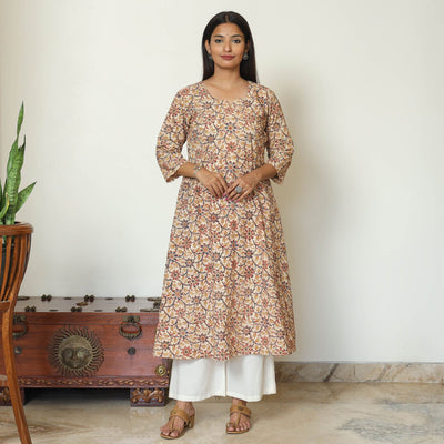 Beige - Pedana Kalamkari Hand Block Printed Cotton A-Line Kurta 07