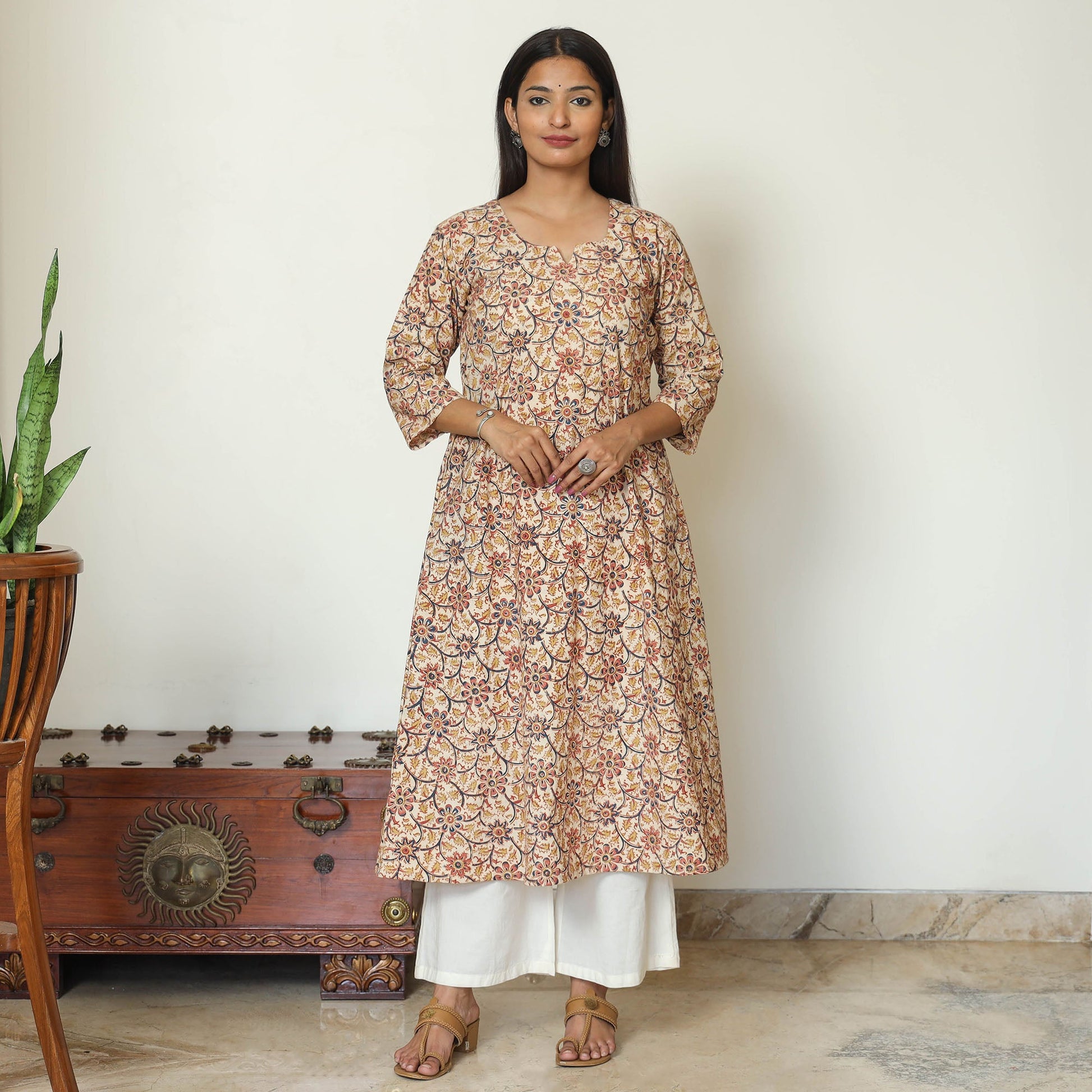 Beige - Pedana Kalamkari Hand Block Printed Cotton A-Line Kurta 07