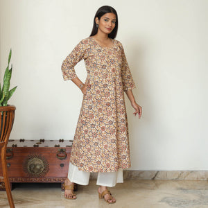 Beige - Pedana Kalamkari Hand Block Printed Cotton A-Line Kurta 07