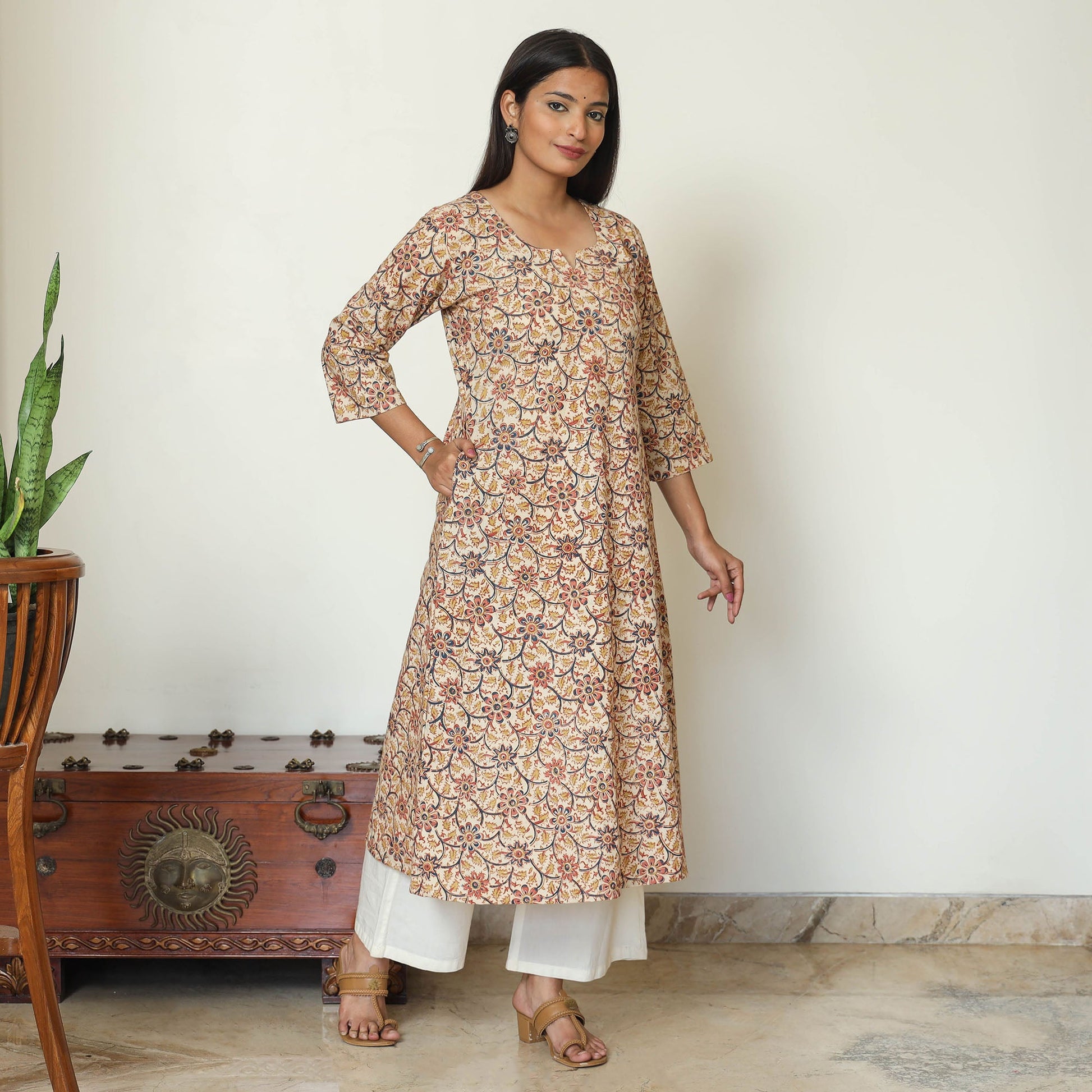 Beige - Pedana Kalamkari Hand Block Printed Cotton A-Line Kurta 07