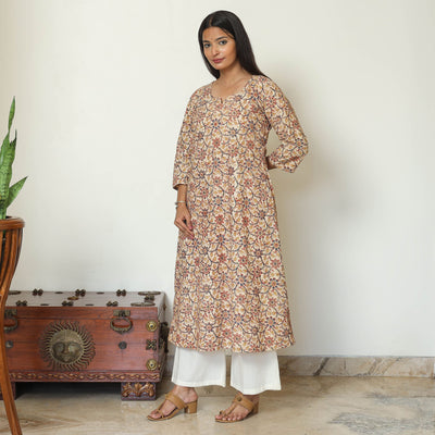 Beige - Pedana Kalamkari Hand Block Printed Cotton A-Line Kurta 07