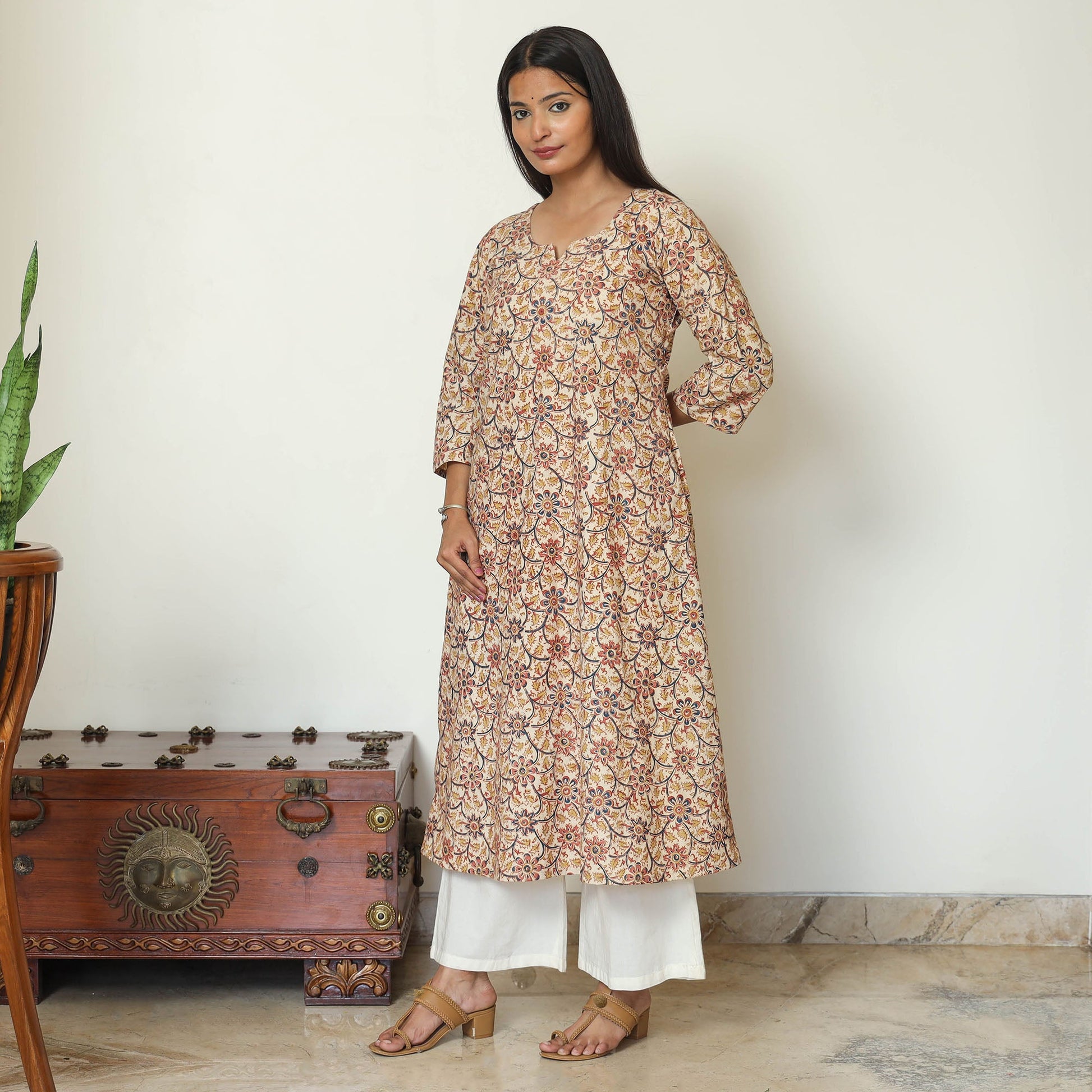 Beige - Pedana Kalamkari Hand Block Printed Cotton A-Line Kurta 07