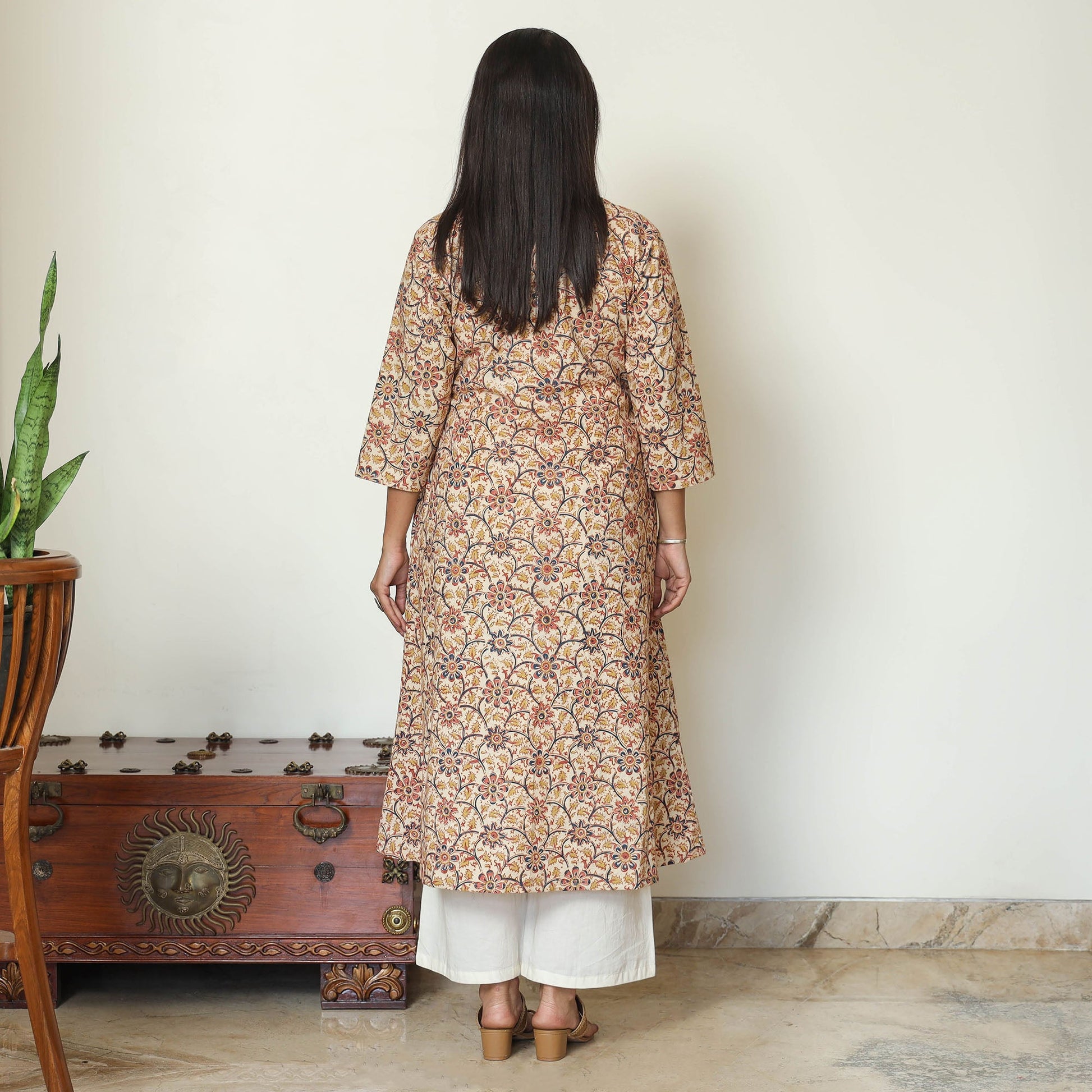 Beige - Pedana Kalamkari Hand Block Printed Cotton A-Line Kurta 07