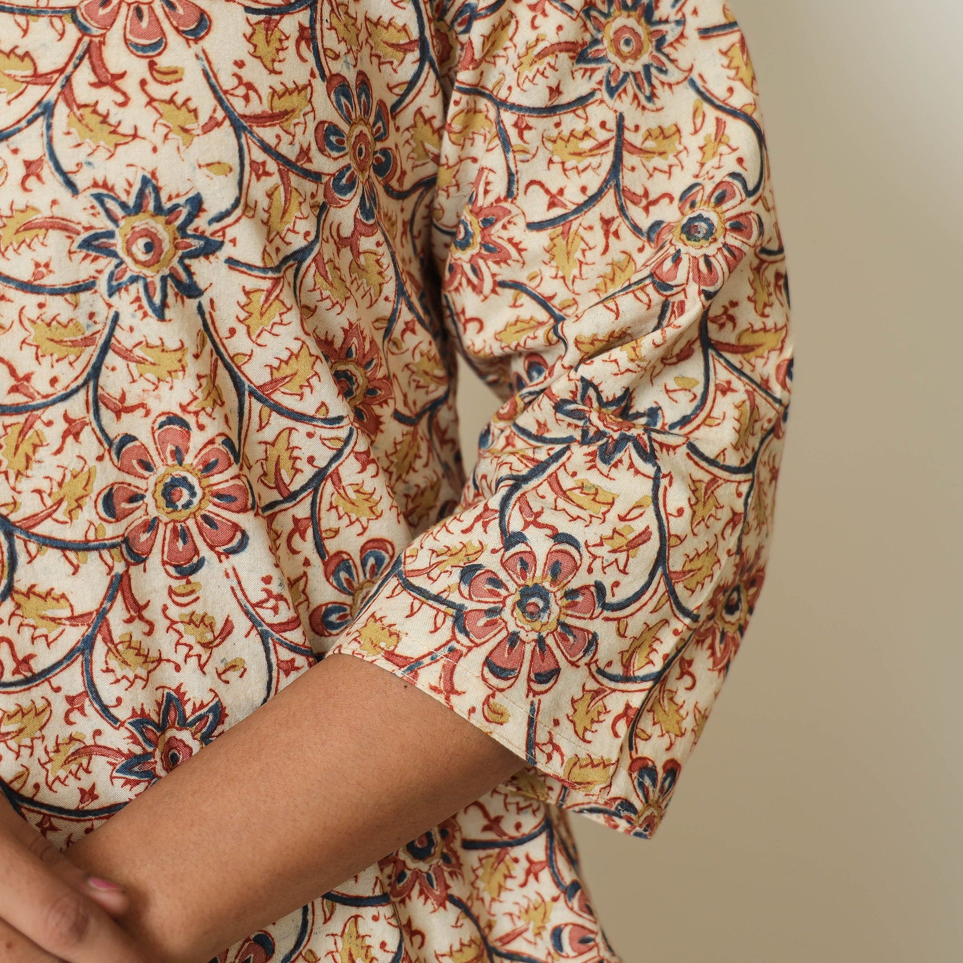 Beige - Pedana Kalamkari Hand Block Printed Cotton A-Line Kurta 07