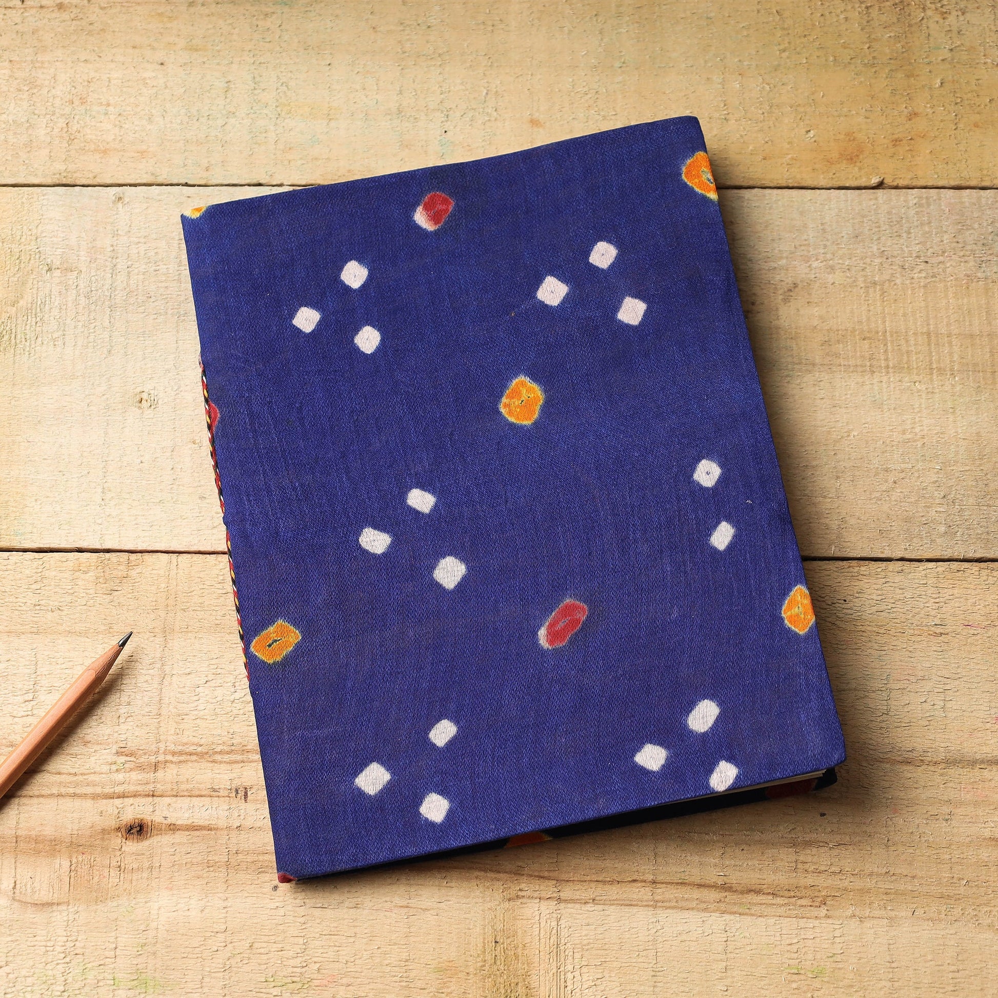 Black - Blue - Bandhani Fabric Cover Handmade Paper Notebook (9 x 7 in)