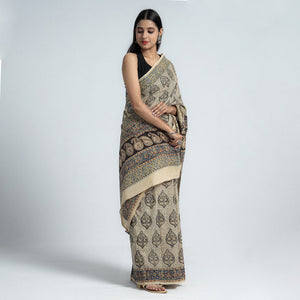 Beige - Pedana Block Print Cotton Kalamkari Saree