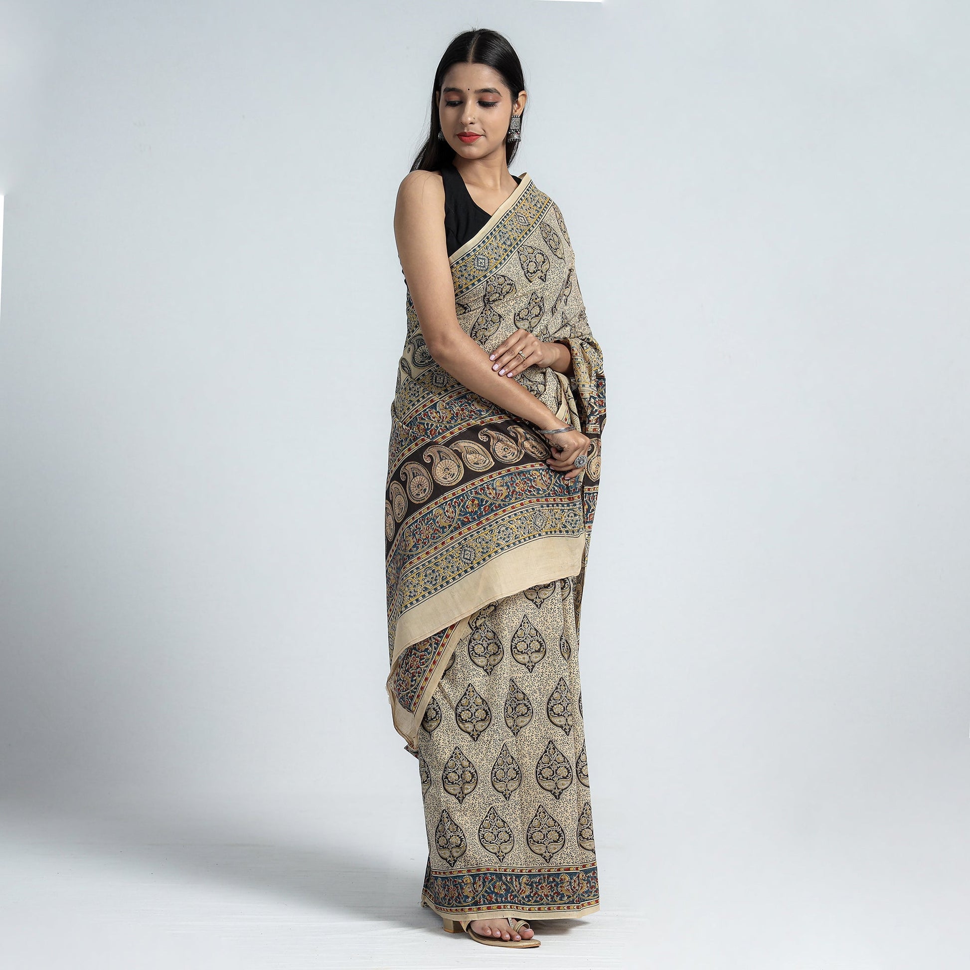 Beige - Pedana Block Print Cotton Kalamkari Saree