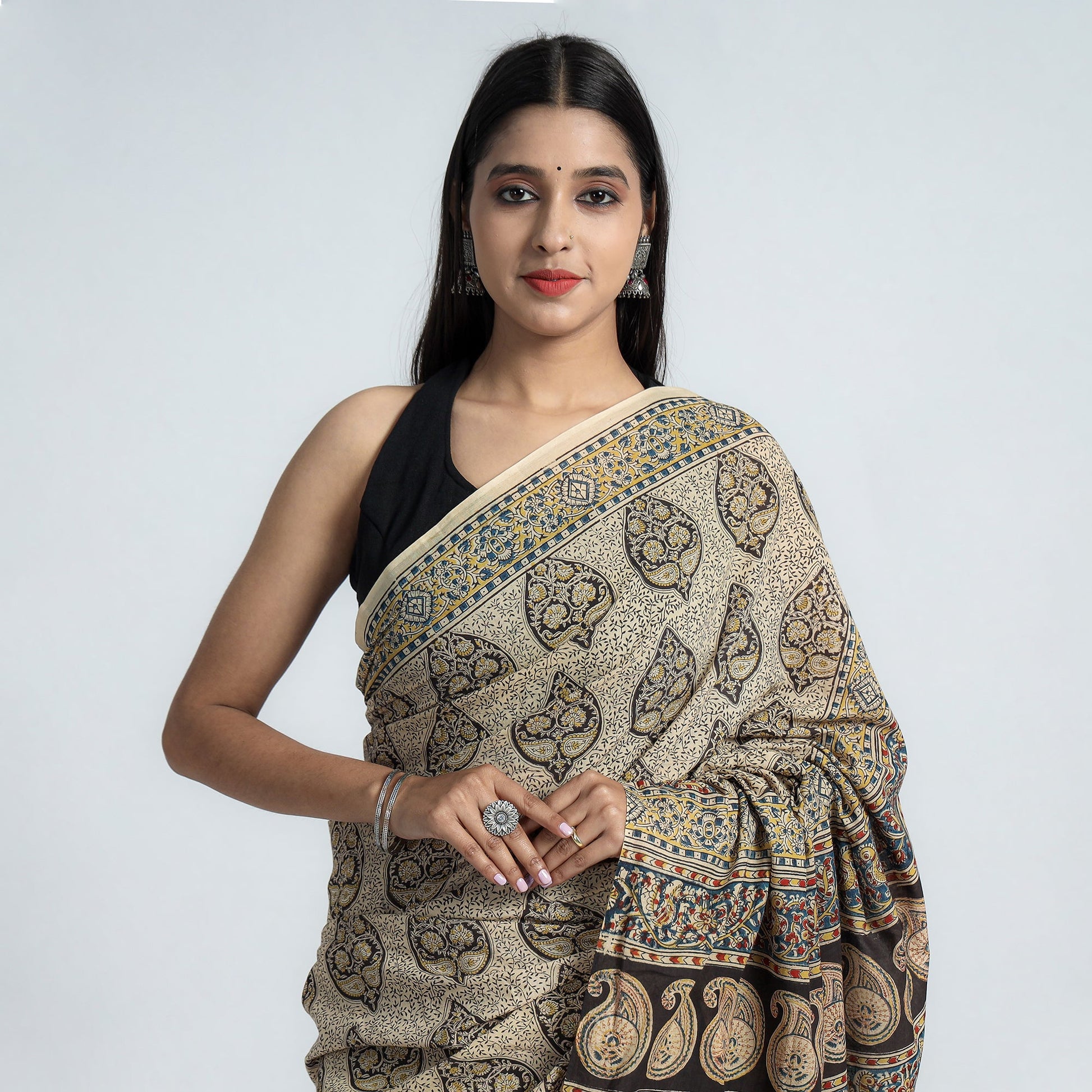 Beige - Pedana Block Print Cotton Kalamkari Saree