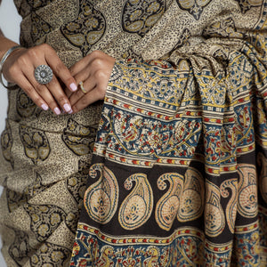Beige - Pedana Block Print Cotton Kalamkari Saree