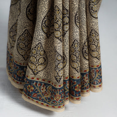 Beige - Pedana Block Print Cotton Kalamkari Saree