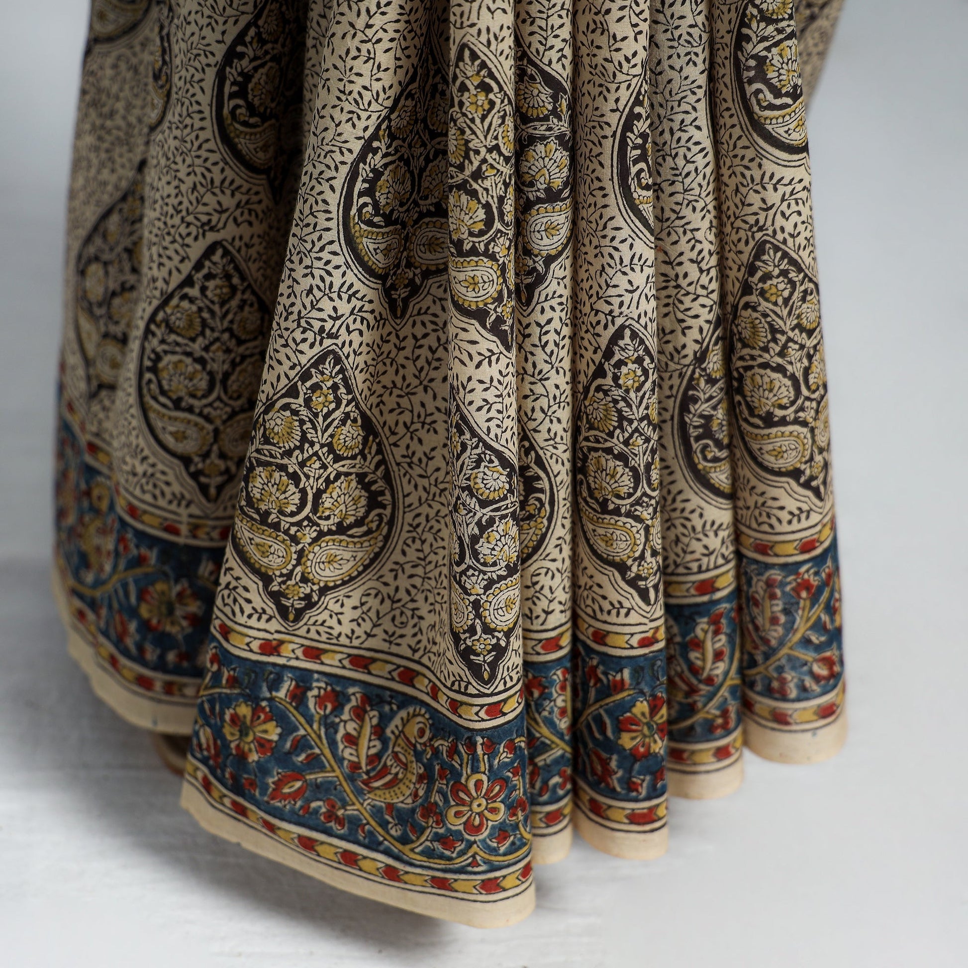 Beige - Pedana Block Print Cotton Kalamkari Saree