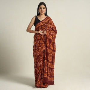 Brown - Cotton Hand Batik Print Saree