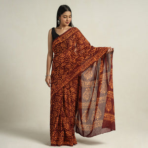 Brown - Cotton Hand Batik Print Saree