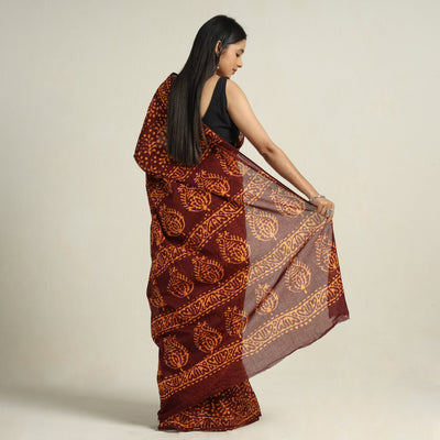 Brown - Cotton Hand Batik Print Saree