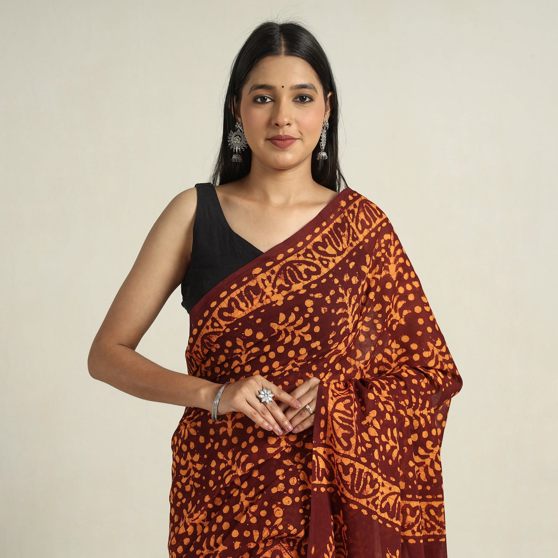 Brown - Cotton Hand Batik Print Saree