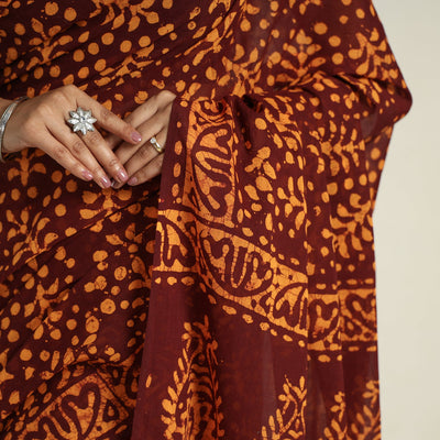 Brown - Cotton Hand Batik Print Saree