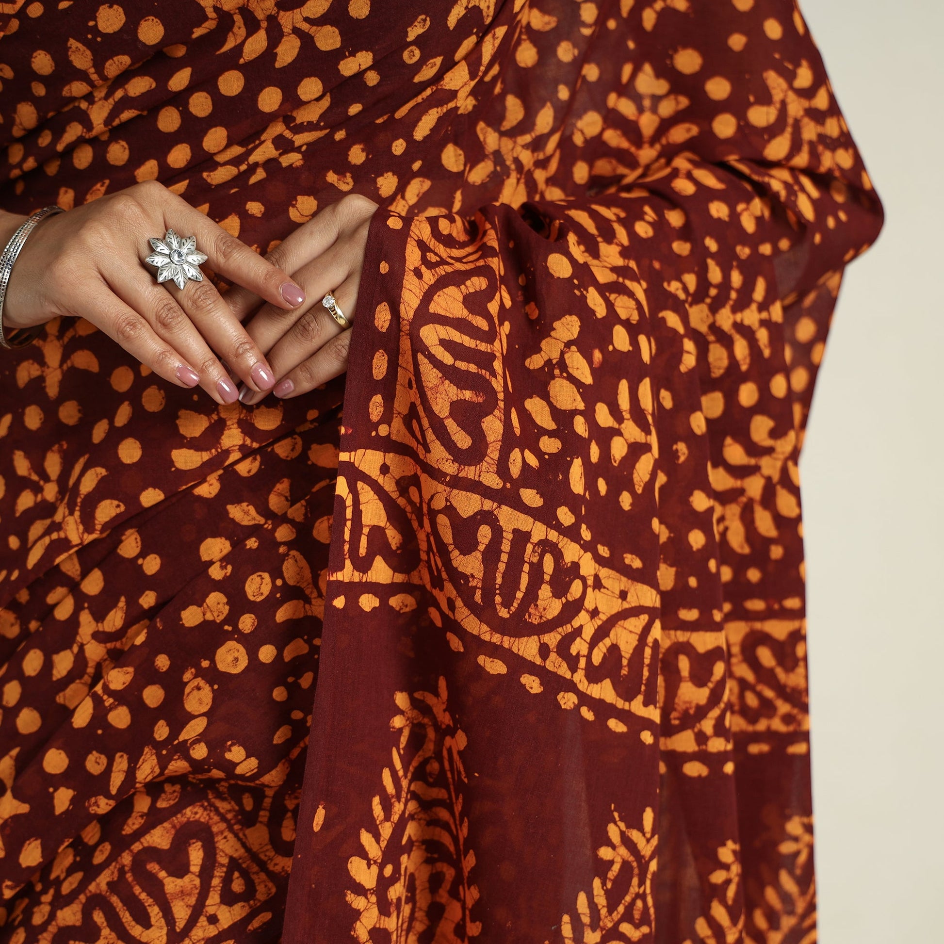 Brown - Cotton Hand Batik Print Saree