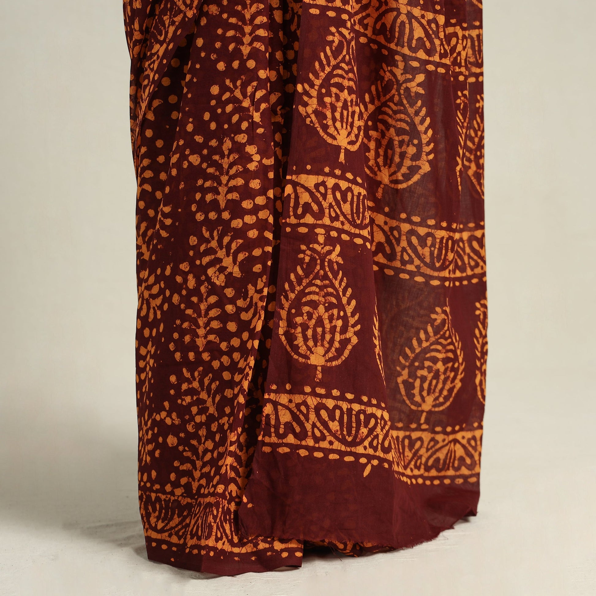 Brown - Cotton Hand Batik Print Saree