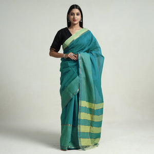 Green - Mangalagiri Missing Checks Cotton Handloom Saree with Pochampally Ikat Blouse Piece