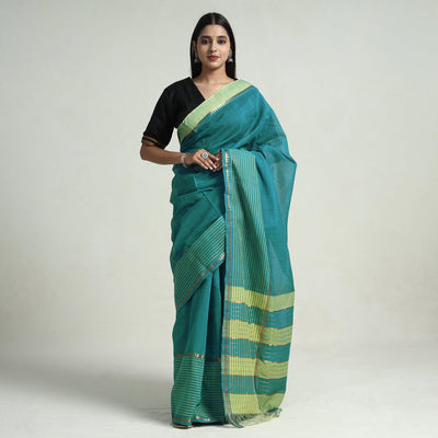 Green - Mangalagiri Missing Checks Cotton Handloom Saree with Pochampally Ikat Blouse Piece
