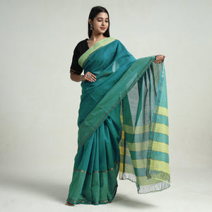 Green - Mangalagiri Missing Checks Cotton Handloom Saree with Pochampally Ikat Blouse Piece