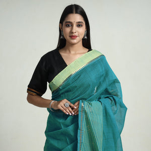 Green - Mangalagiri Missing Checks Cotton Handloom Saree with Pochampally Ikat Blouse Piece