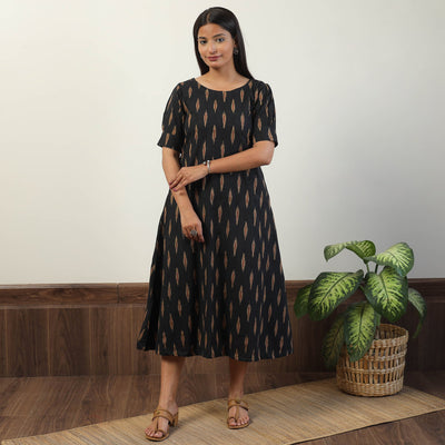 Black - Pochampally Ikat Weave Cotton Dress 01