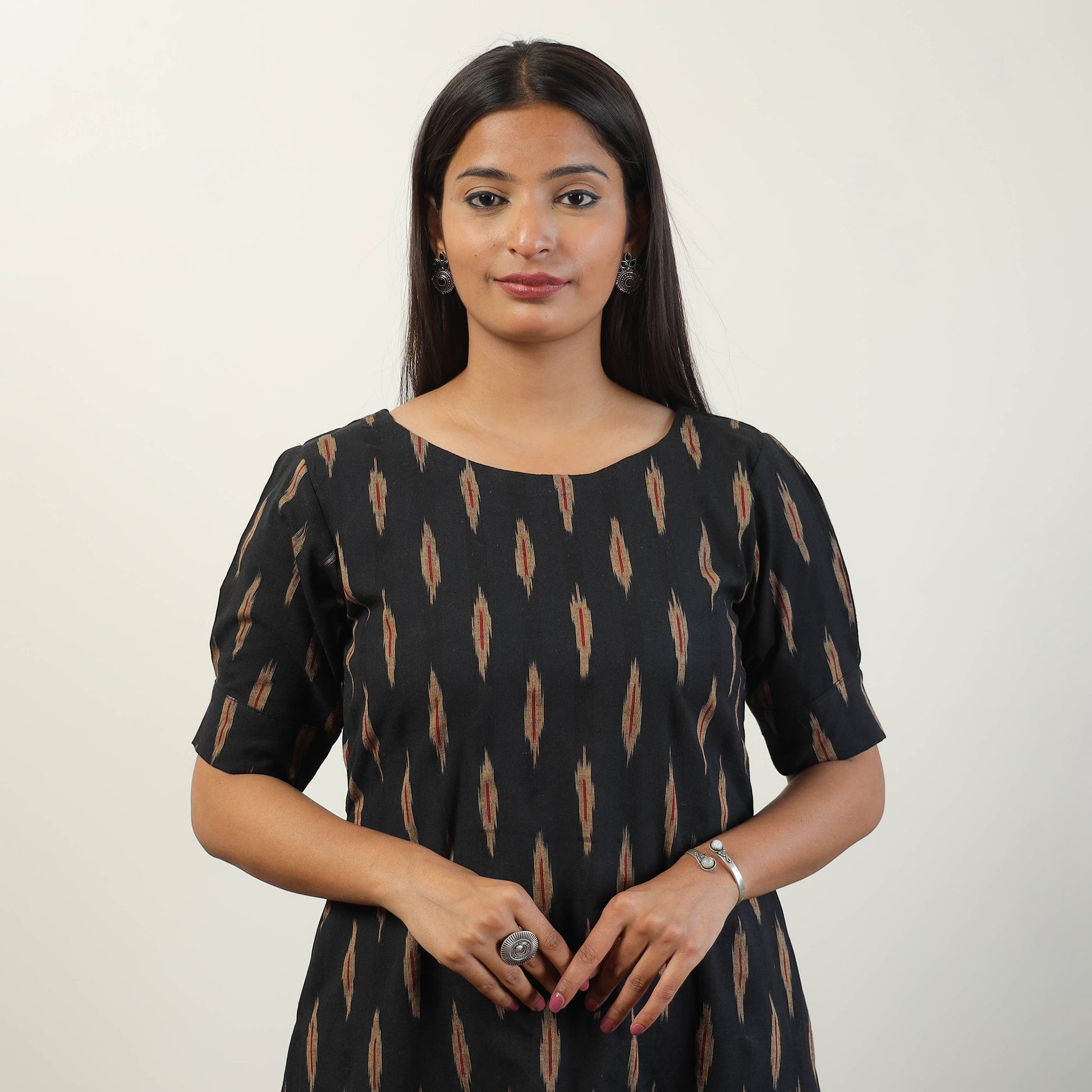 Black - Pochampally Ikat Weave Cotton Dress 01