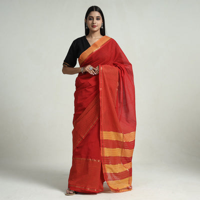 Red - Mangalagiri Missing Checks Cotton Handloom Saree with Pochampally Ikat Blouse Piece