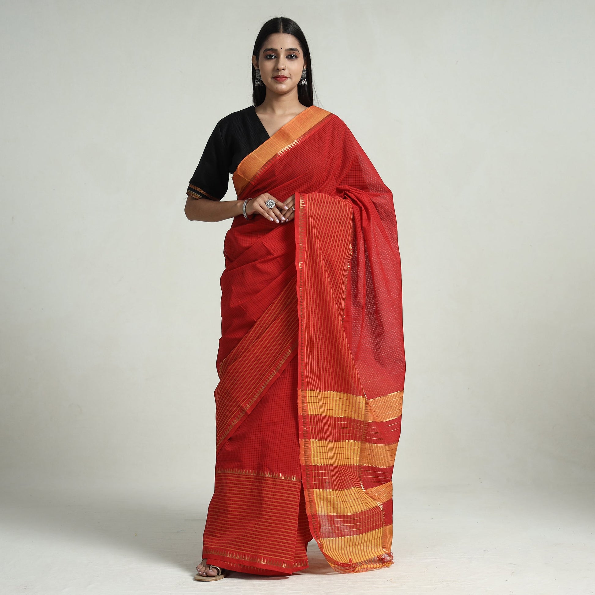 Red - Mangalagiri Missing Checks Cotton Handloom Saree with Pochampally Ikat Blouse Piece