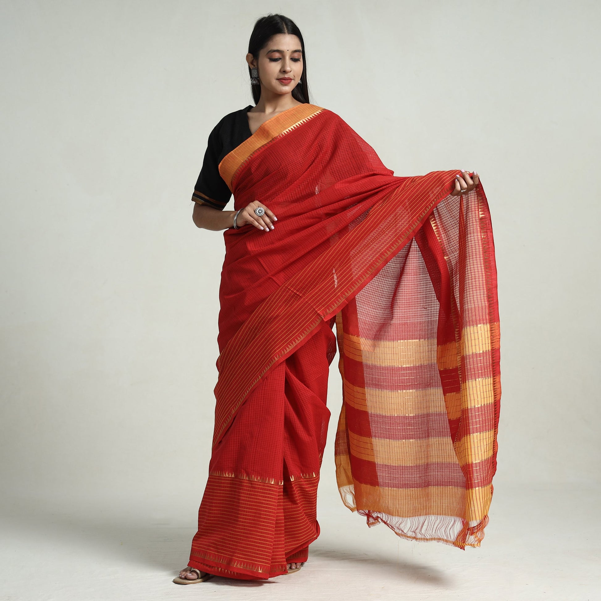 Red - Mangalagiri Missing Checks Cotton Handloom Saree with Pochampally Ikat Blouse Piece