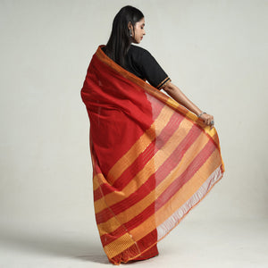 Red - Mangalagiri Missing Checks Cotton Handloom Saree with Pochampally Ikat Blouse Piece