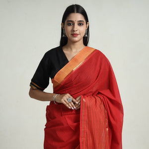 Red - Mangalagiri Missing Checks Cotton Handloom Saree with Pochampally Ikat Blouse Piece