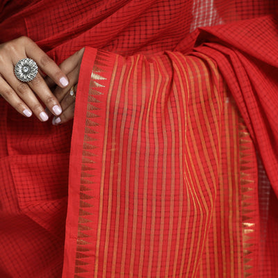 Red - Mangalagiri Missing Checks Cotton Handloom Saree with Pochampally Ikat Blouse Piece
