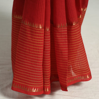 Red - Mangalagiri Missing Checks Cotton Handloom Saree with Pochampally Ikat Blouse Piece
