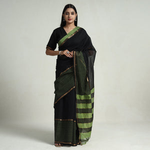 Black - Mangalagiri Missing Checks Cotton Handloom Saree with Pochampally Ikat Blouse Piece