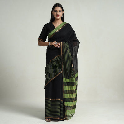 Black - Mangalagiri Missing Checks Cotton Handloom Saree with Pochampally Ikat Blouse Piece