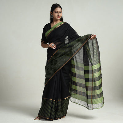 Black - Mangalagiri Missing Checks Cotton Handloom Saree with Pochampally Ikat Blouse Piece