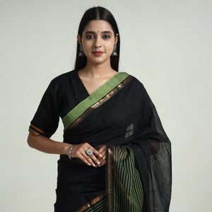 Black - Mangalagiri Missing Checks Cotton Handloom Saree with Pochampally Ikat Blouse Piece