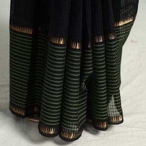 Black - Mangalagiri Missing Checks Cotton Handloom Saree with Pochampally Ikat Blouse Piece