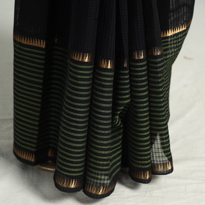 Black - Mangalagiri Missing Checks Cotton Handloom Saree with Pochampally Ikat Blouse Piece
