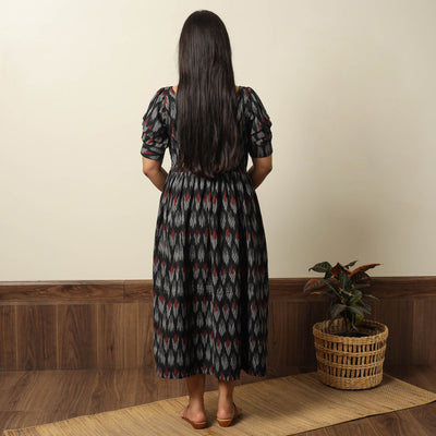 Black - Pochampally Ikat Weave Cotton Flared Dress 15